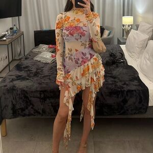 Free people floral mesh asymmetrical long sleeve  Ave tunic ruffle hem Y2K sz L